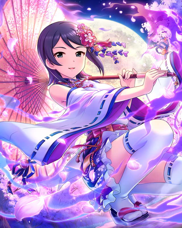 asymmetrical_hair blue_eyes blue_hair blue_skirt cherry_blossoms detached_sleeves idolmaster idolmaster_cinderella_girls idolmaster_dearly_stars japanese_clothes looking_at_viewer mizutani_eri moon official_art parasol petals sandals skirt thigh-highs thighs umbrella zettai_ryouiki