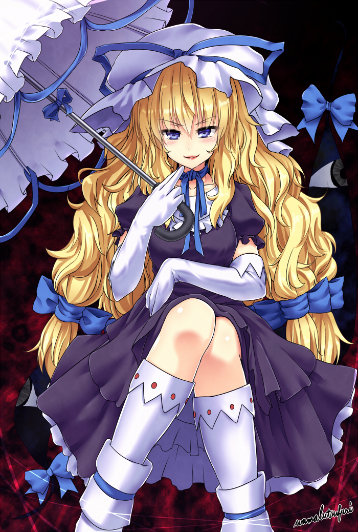 1girl alternate_eye_color alternate_headwear_color arm_across_waist artist_name bangs big_hair blonde_hair blue_bow blue_eyes blue_ribbon blush boots bow breasts choker dress elbow_gloves eyebrows_visible_through_hair eyes floating gap gloves grey_eyes hair_between_eyes hair_bow hat hat_ribbon holding holding_umbrella kneehighs light_trail lipstick long_hair looking_at_viewer makeup mob_cap parted_lips pink_background puffy_short_sleeves puffy_sleeves purple_dress red_lipstick ribbon ribbon_choker ribbon_trim shiny shiny_hair shiny_skin short_sleeves small_breasts smile solo touhou tsurime umarutsufuri umbrella very_long_hair white_boots white_legwear yakumo_yukari