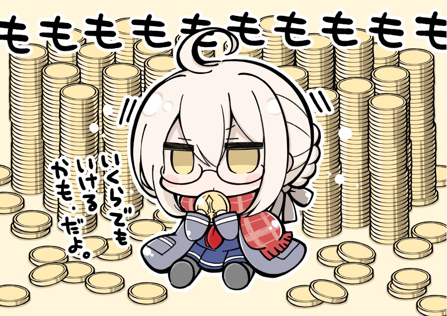 1girl ahoge angeltype bangs black-framed_eyewear black_legwear black_ribbon black_shoes blonde_hair blue_skirt blush_stickers braid chibi coat coin duffel_coat eyebrows_visible_through_hair fate/grand_order fate_(series) fringe full_body glasses gold grey_coat hair_between_eyes hair_ribbon hands_up heroine_x heroine_x_(alter) jitome long_sleeves neckerchief on_floor open_clothes open_coat outline pantyhose plaid plaid_scarf pleated_skirt pocket red_neckerchief red_scarf ribbon saber scarf school_uniform semi-rimless_glasses shiny shiny_clothes shiny_hair shoes short_hair sitting skirt solo translation_request under-rim_glasses yellow_eyes