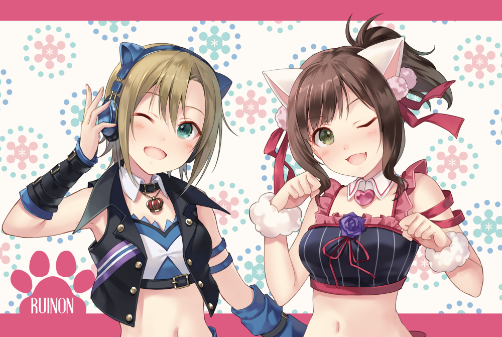 2girls ;3 ;d animal_ears asterisk_(idolmaster) blush brown_hair cat_ear_headphones cat_ears circle_name crop_top cropped_jacket crown detached_collar fang flower fukahire_sanba green_hair hand_on_headphones headphones idolmaster idolmaster_cinderella_girls jacket jewelry light_brown_hair maekawa_miku midriff multiple_girls navel necklace one_eye_closed open_clothes open_jacket open_mouth over_the_collar paw_pose paw_print ponytail sidelocks sleeveless_jacket smile tada_riina