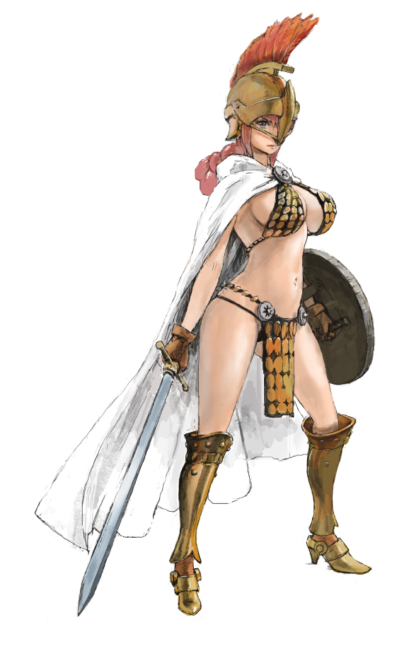 1girl armor armored_boots bikini_armor boots breasts cape full_body gladiator gloves helmet iwauchi_tomoki large_breasts long_hair navel one_piece pink_hair rebecca_(one_piece) shield simple_background solo sword weapon white_background