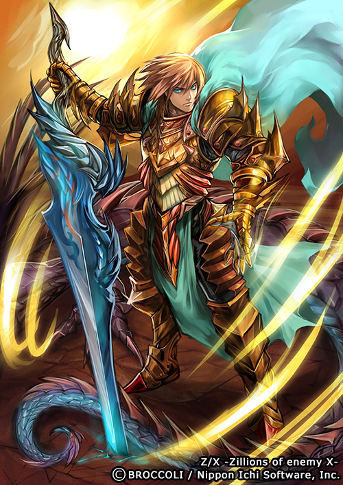 1boy armor armored_boots blonde_hair blue_eyes boots cape company_name copyright_name dragon full_body gloves male_focus moreshan official_art solo sword weapon z/x