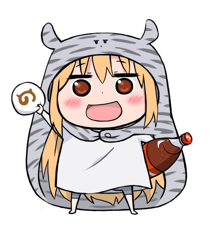 1girl :d animal_hood animal_print blonde_hair blush bottle brown_eyes chibi cola eyebrows_visible_through_hair food full_body himouto!_umaru-chan holding holding_food hood japari_bun kemono_friends komaru long_hair looking_at_viewer open_mouth outstretched_arm plains_zebra_(kemono_friends) shippin shirt smile solo triangle_mouth very_long_hair white_shirt zebra_print