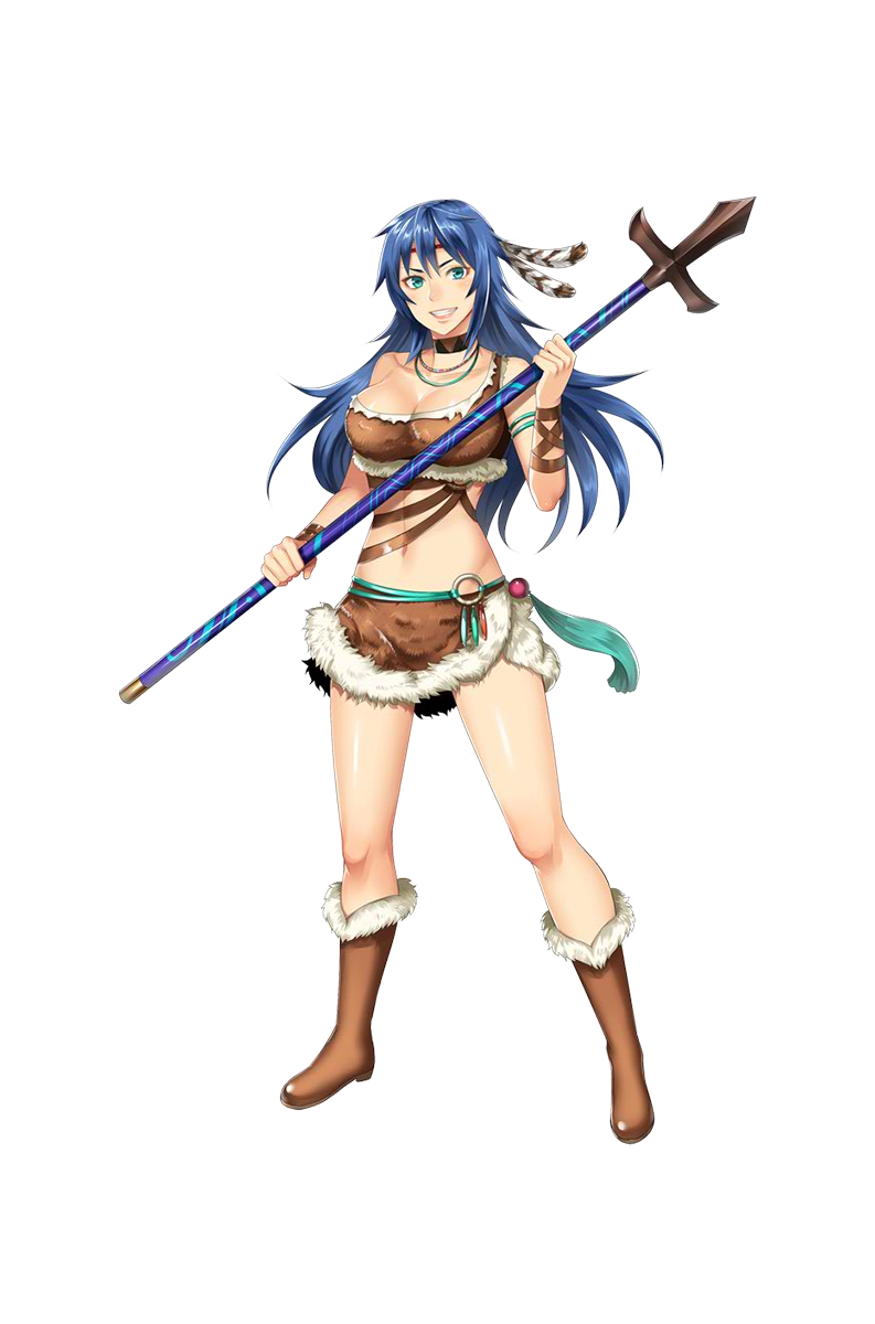 1girl aqua_eyes armlet blue_hair boots breasts brown_boots choker cleavage feathers full_body fur_trim grin hair_feathers headband highres hitsuji_chronicle jewelry large_breasts loincloth long_hair looking_at_viewer midriff navel necklace o-ring official_art polearm smile solo spear standing transparent_background weapon