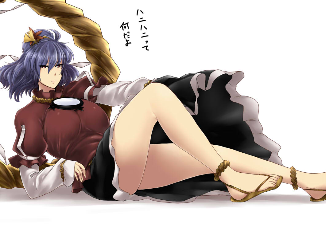 1girl breasts brown_eyes commentary_request hair_ornament juliet_sleeves large_breasts leaf_hair_ornament legs long_sleeves looking_at_viewer mirror puffy_sleeves purple_hair reclining rope sandals shimenawa sitting skirt solo text tobisawa touhou translation_request yasaka_kanako