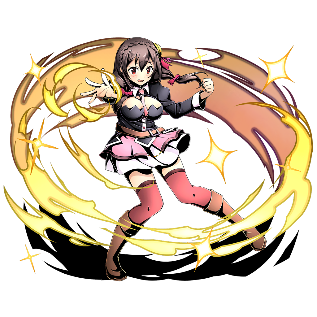 1girl belt blush boots bow breasts brown_boots brown_hair divine_gate floating_hair full_body hair_between_eyes hair_bow kono_subarashii_sekai_ni_shukufuku_wo! large_breasts long_hair looking_at_viewer magic open_mouth outstretched_arm red_bow red_eyes red_legwear shadow skirt solo standing thigh-highs transparent_background ucmm wavy_mouth white_skirt yunyun_(konosuba)