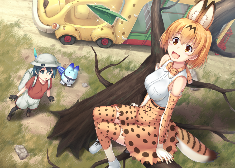 2girls :d animal_ears backpack bag bare_tree black_gloves black_legwear blonde_hair blue_eyes blue_hair blush bow bowtie breasts brown_eyes brown_shoes bucket_hat bus collarbone day elbow_gloves eyebrows_visible_through_hair feathers from_above gloves grass ground_vehicle hair_between_eyes hat hat_feather high-waist_skirt in_tree kaban_(kemono_friends) kemono_friends looking_at_viewer looking_up lucky_beast_(kemono_friends) medium_breasts miyai_max motor_vehicle multiple_girls open_mouth outdoors paper_airplane red_shirt rock serval_(kemono_friends) serval_ears serval_print serval_tail shirt shoes short_hair short_sleeves shorts sitting skirt sleeveless sleeveless_shirt smile sparkle standing striped_tail tail thigh-highs tree white_shoes white_shorts