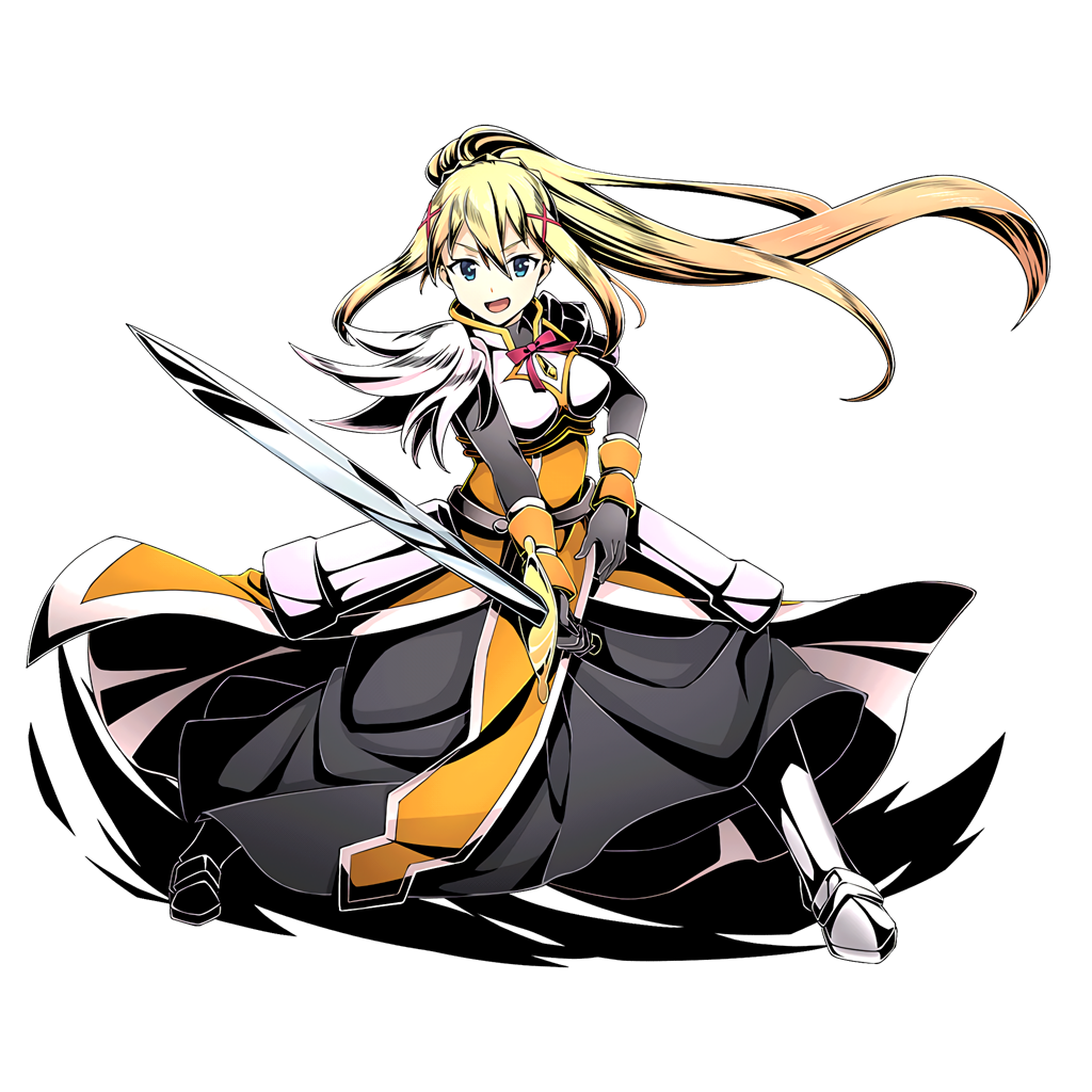1girl armor armored_boots armored_dress black_gloves blonde_hair blue_eys boots darkness_(konosuba) divine_gate floating_hair full_body gloves hair_between_eyes hair_ornament high_ponytail holding holding_sword holding_weapon kono_subarashii_sekai_ni_shukufuku_wo! long_hair open_mouth shadow solo standing sword translation_request ucmm very_long_hair weapon