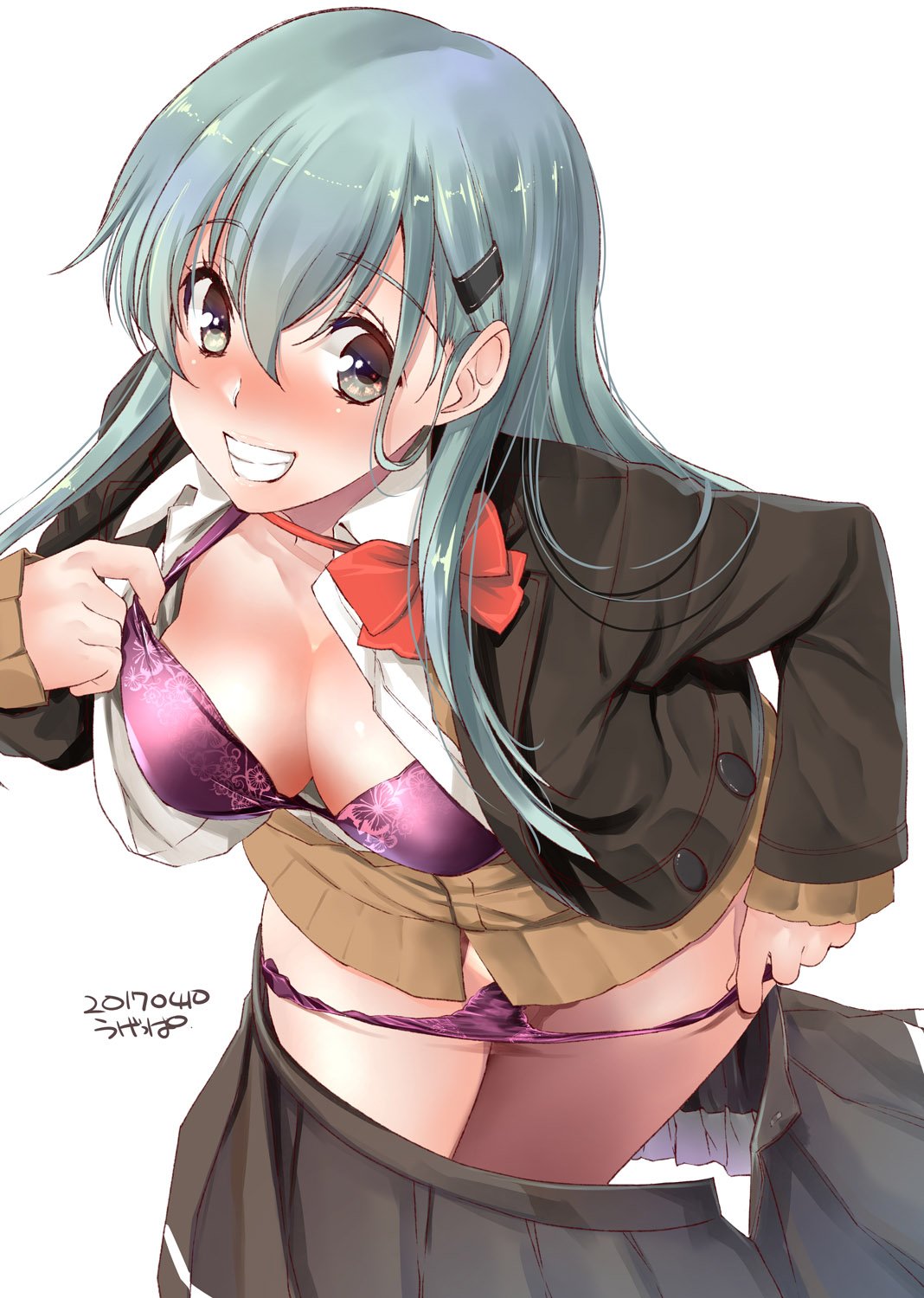 1girl aqua_hair blush bow bowtie bra breasts brown_blazer cleavage collarbone collared_shirt from_above green_eyes grin hair_between_eyes hair_ornament hairclip highres kantai_collection long_hair long_sleeves looking_at_viewer medium_breasts nose_blush open_clothes panties panty_pull partially_undressed pleated_skirt purple_bra purple_panties remodel_(kantai_collection) school_uniform shirt simple_background skirt skirt_removed smile solo strap_pull suzuya_(kantai_collection) ugeppa underwear white_background white_shirt