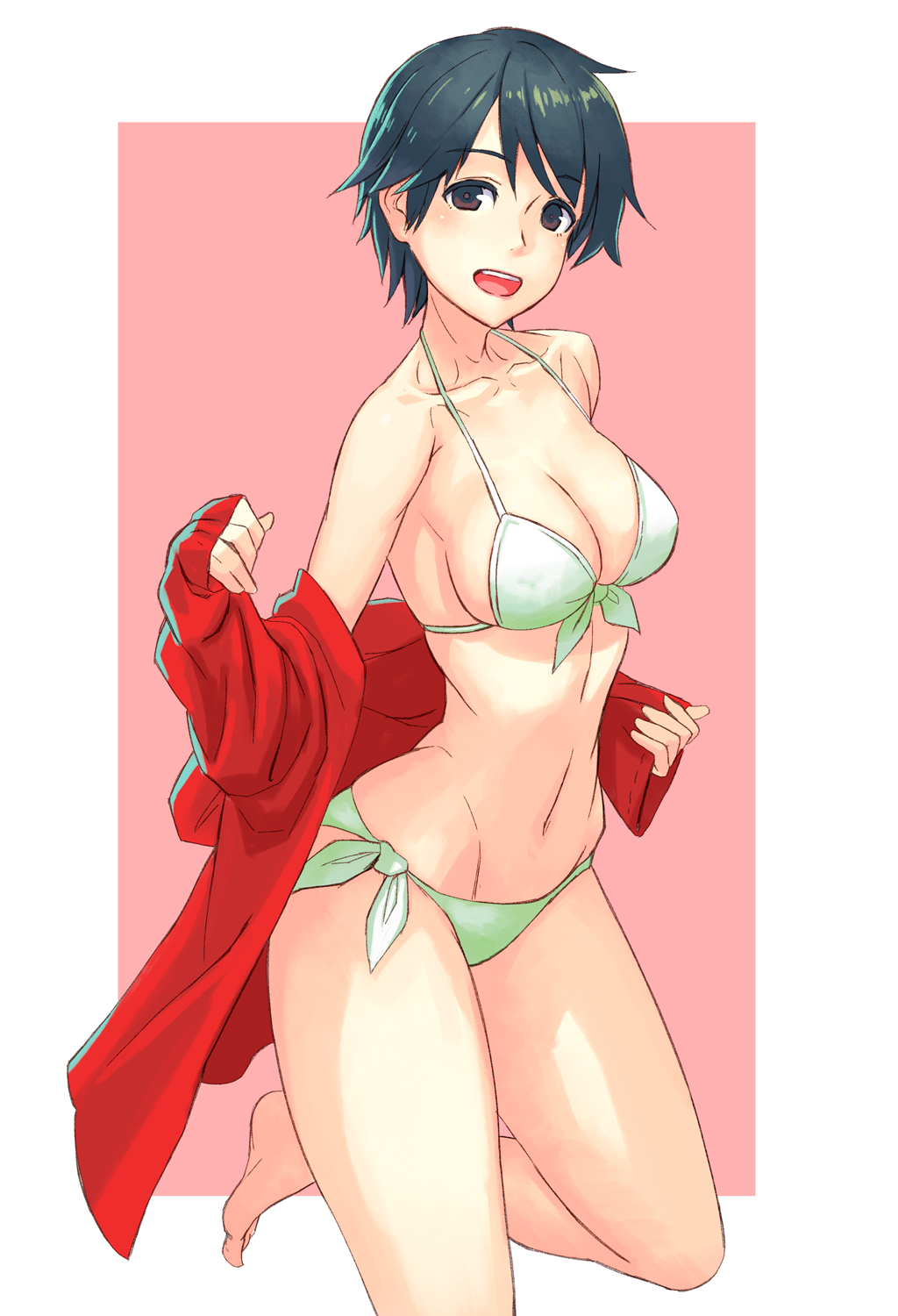 1girl :d alternate_costume bare_arms bare_legs bare_shoulders barefoot bent_knees bikini blush border breasts brown_eyes cleavage collarbone commentary_request eyebrows_visible_through_hair front-tie_bikini front-tie_top green_bikini green_hair green_ribbon highres jacket kantai_collection leg_up long_sleeves looking_at_viewer medium_breasts mogami_(kantai_collection) navel open_clothes open_jacket open_mouth red_jacket ribbon shiny shiny_hair side-tie_bikini sleeves_past_wrists smile solo standing standing_on_one_leg stomach swimsuit track_jacket white_border yuuji_(and)