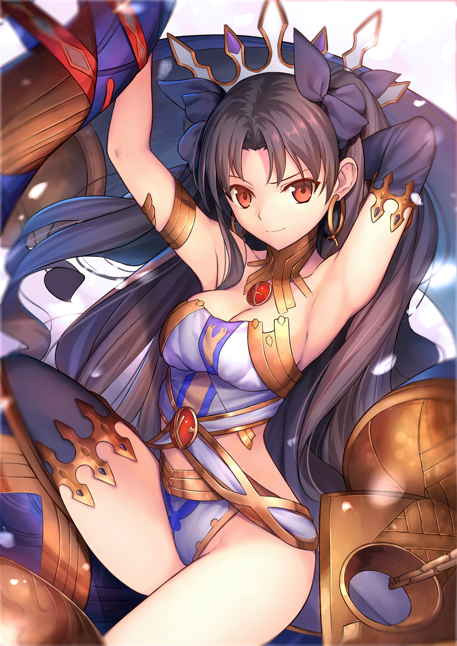 1girl armpits arms_up bare_shoulders black_hair blurry breasts cleavage commentary_request earrings fate/grand_order fate_(series) heavenly_boat_maanna highres hoop_earrings ishtar_(fate/grand_order) jewelry long_hair looking_at_viewer medium_breasts red_eyes revision single_thighhigh sitting smile solo thigh-highs tohsaka_rin tsuki_suigetsu two_side_up