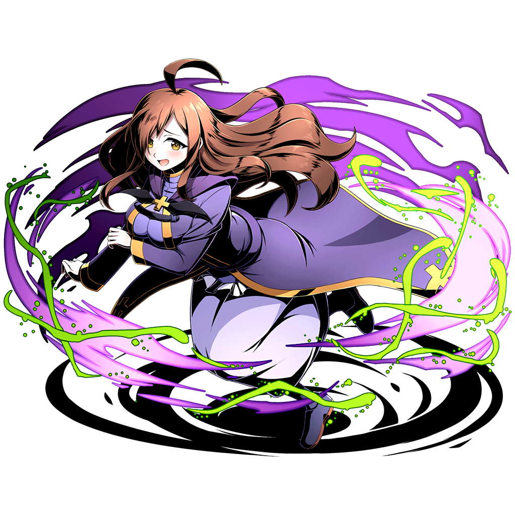 1girl ahoge blue_legwear blue_shoes brown_hair cape divine_gate dress floating_hair full_body kono_subarashii_sekai_ni_shukufuku_wo! long_hair magic open_mouth purple_cape shadow shoes solo ucmm very_long_hair wiz_(konosuba) yellow_eyes