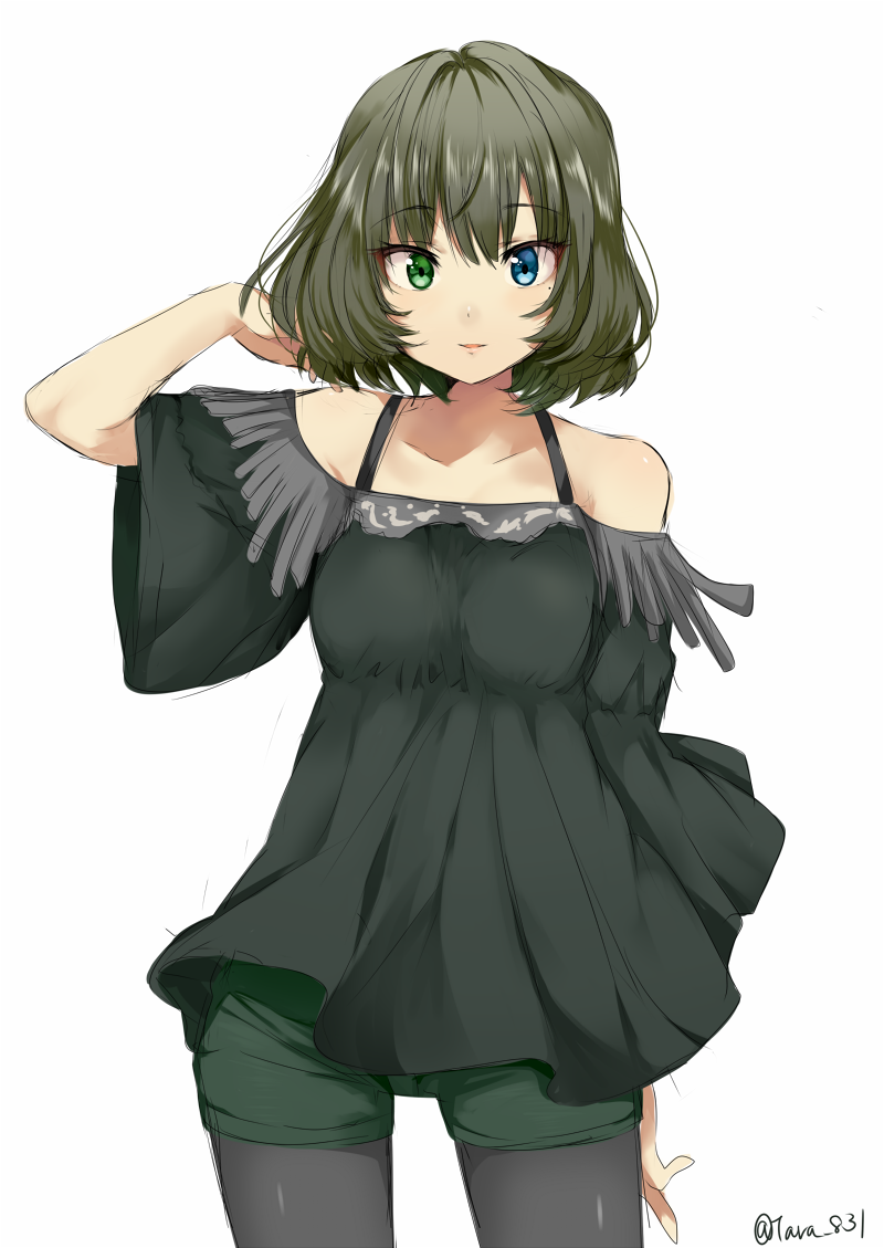 1girl blue_eyes brown_hair fringe green_eyes heterochromia idolmaster idolmaster_cinderella_girls looking_at_viewer mole mole_under_eye off_shoulder pantyhose_under_shorts short_hair simple_background sketch smile solo takagaki_kaede tarachine white_background