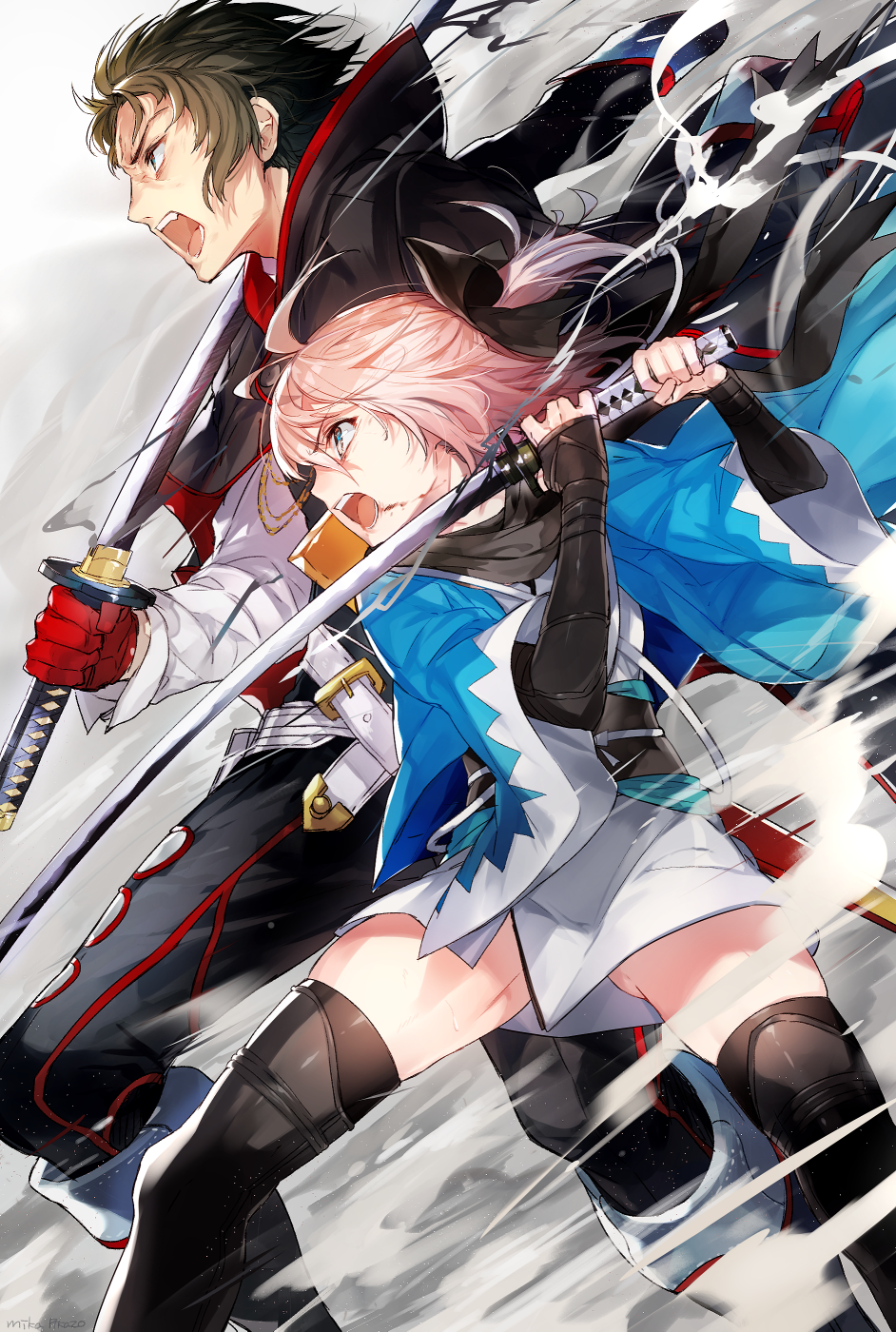 1boy 1girl ahoge belt black_eyes black_hair black_legwear black_scarf blonde_hair blood blood_from_mouth boots bow cape commentary_request fate/grand_order fate_(series) fighting_stance gloves gun hair_bow highres hijikata_toshizou_(fate/grand_order) holding holding_sword holding_weapon holster japanese_clothes katana kimono koha-ace mika_pika_zo mika_pikazo obi ponytail profile red_gloves sakura_saber sash scarf sheath shinsengumi short_hair short_kimono shouting side_slit sword thigh-highs thigh_boots thighs weapon wind wind_lift yellow_eyes