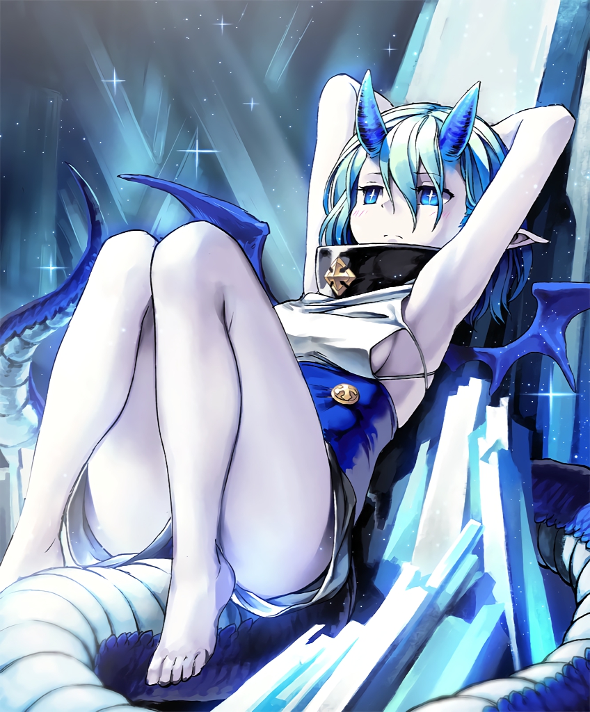 1girl armpits arms_behind_head artist_request barefoot blue_eyes blue_hair breasts cygames dragon_girl dragon_horns dragon_tail harnessed_glass horns ice lena_(zoal) official_art pointy_ears shadowverse shingeki_no_bahamut short_hair shorts sideboob sitting symbol-shaped_pupils tail