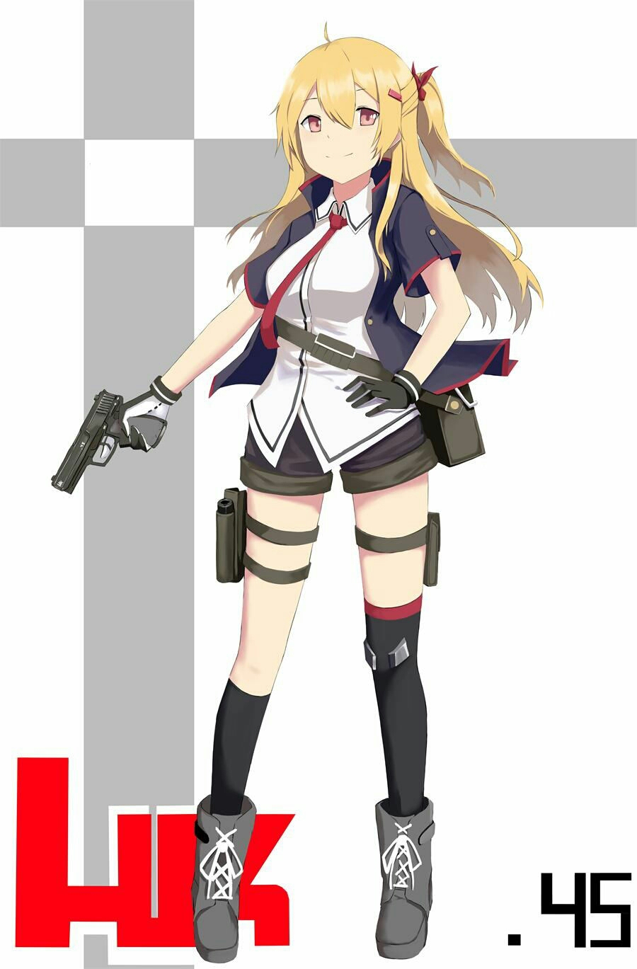 1girl ahoge asymmetrical_legwear bag blonde_hair full_body fuyuko_(1361329135) girls_frontline gloves gun h&amp;k_usp hair_between_eyes hand_on_hip handgun heckler_&amp;_koch highres holster jacket long_hair looking_at_viewer necktie original pistol red_eyes short_shorts shorts side_ponytail single_thighhigh smile solo thigh-highs thigh_holster weapon