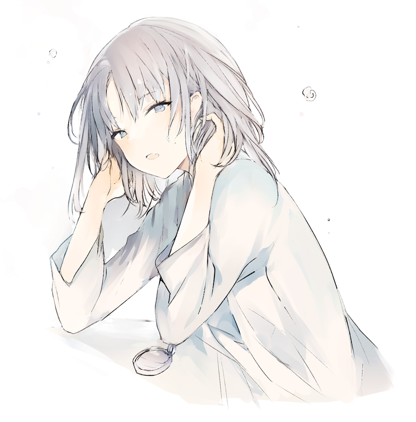 1girl bangs dress eyebrows_visible_through_hair grey_eyes grey_hair hands_in_hair hands_up long_hair long_sleeves looking_at_viewer lpip original parted_bangs parted_lips solo white_background white_dress