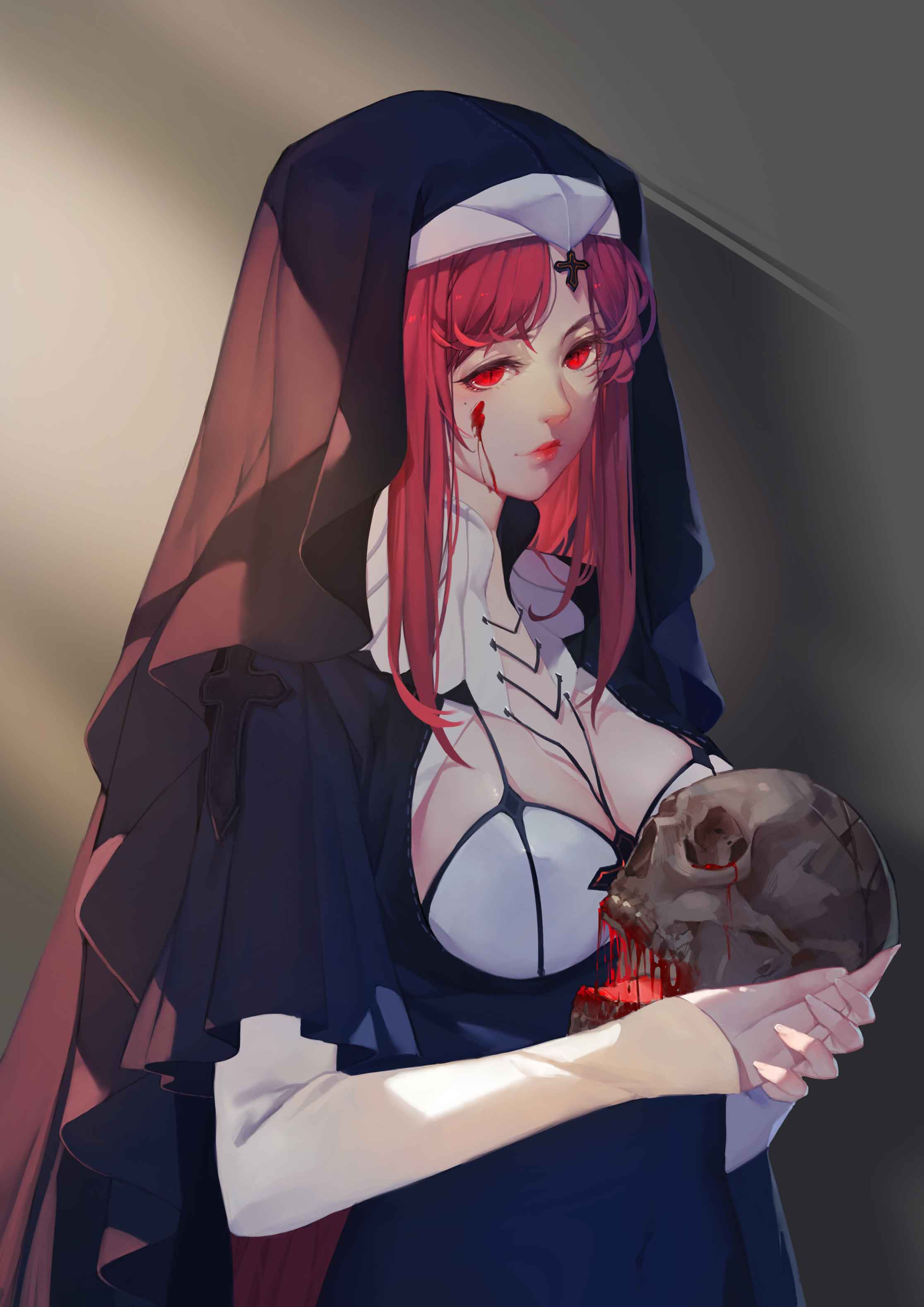 1girl absurdres bangs black_dress blood breasts budinger cleavage cleavage_cutout cross dress eyelashes fingernails habit high_collar highres holding holding_skull large_breasts long_fingernails long_sleeves looking_at_viewer nun original red_eyes redhead slit_pupils solo upper_body