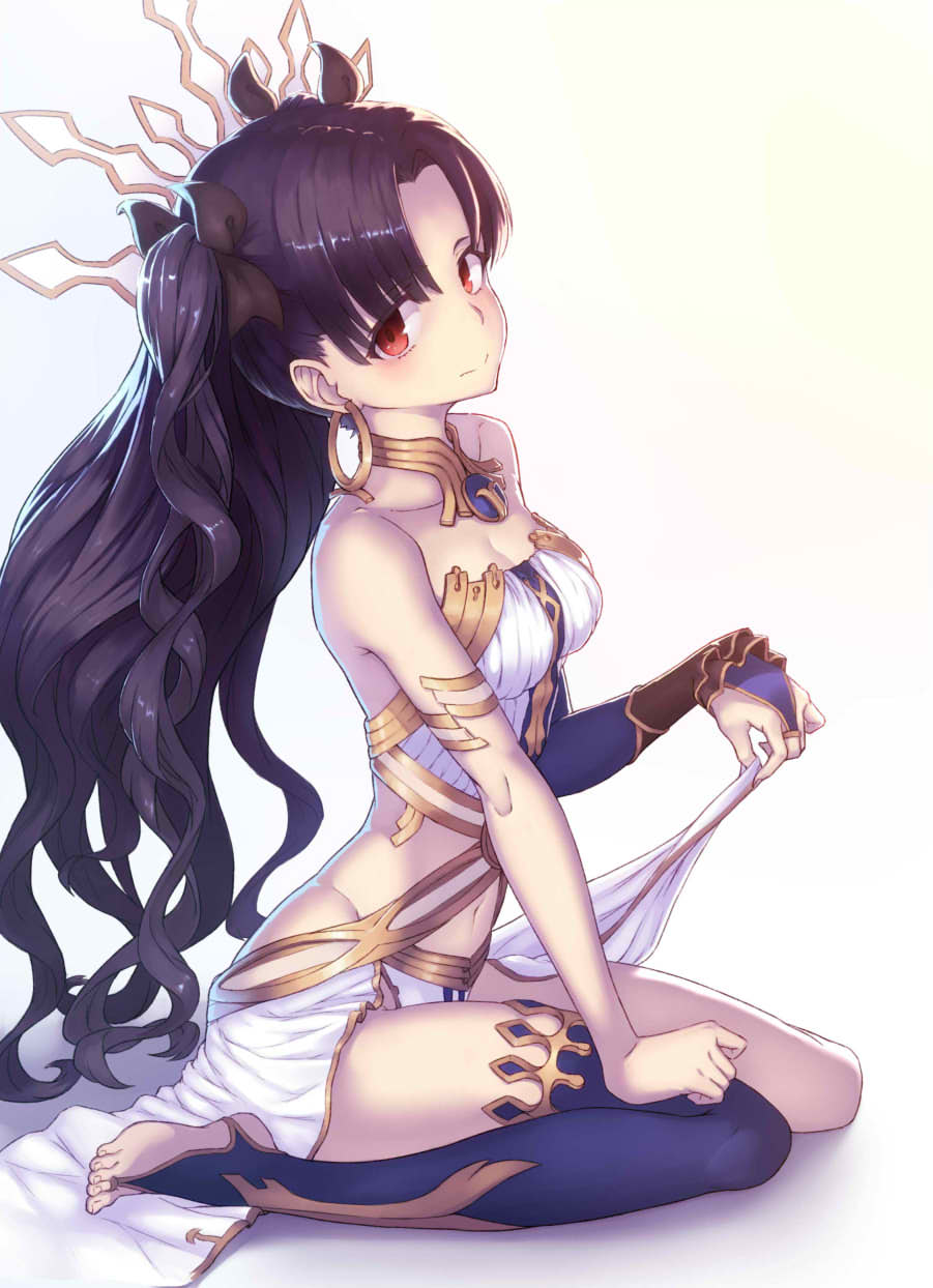 1girl armlet bare_shoulders barefoot black_hair black_legwear breasts crown earrings fate/grand_order fate_(series) feet hair_ribbon highres hoop_earrings ishtar_(fate/grand_order) jewelry long_hair looking_at_viewer medium_breasts red_eyes revision ribbon ryuinu shiny shiny_hair single_thighhigh sitting solo thigh-highs toeless_legwear toes tohsaka_rin two_side_up