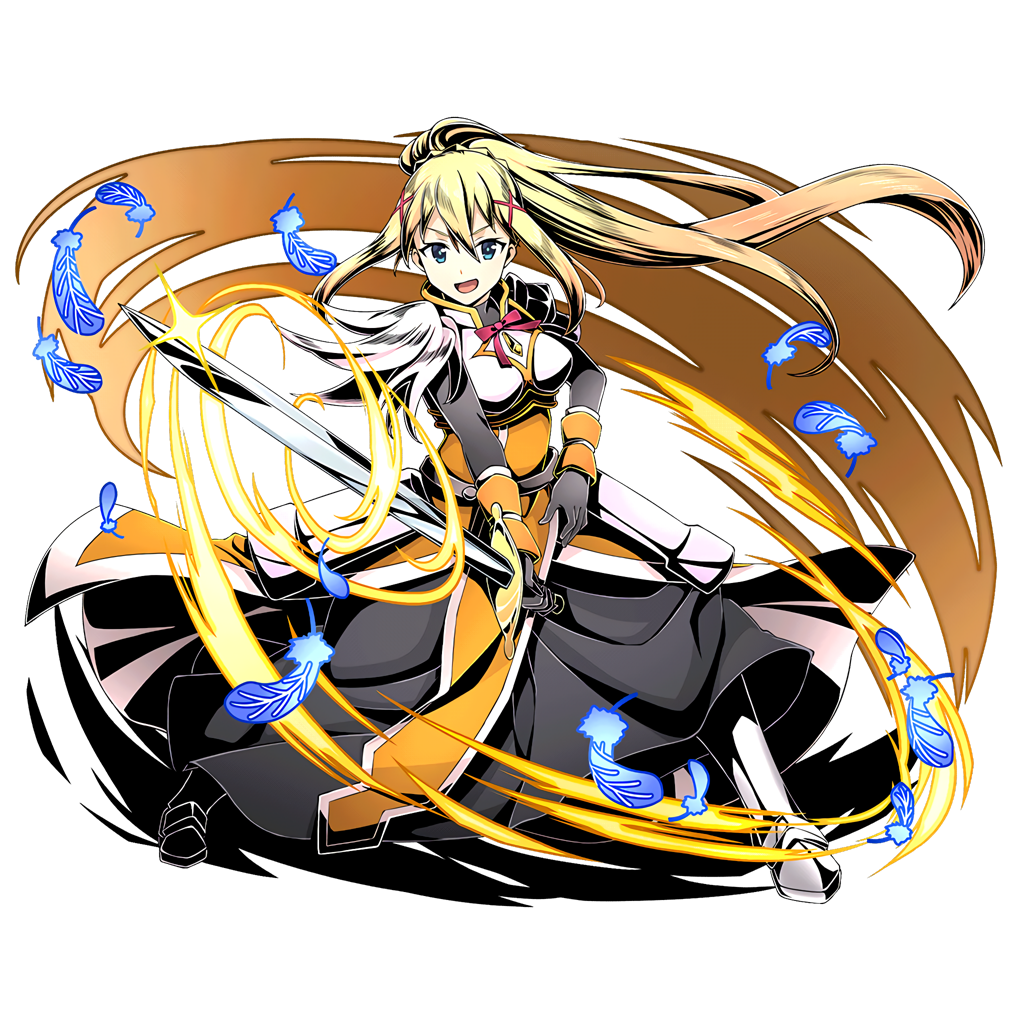 1girl armor armored_boots armored_dress black_gloves blonde_hair blue_eys blue_feathers boots darkness_(konosuba) divine_gate floating_hair full_body gloves hair_between_eyes hair_ornament high_ponytail holding holding_sword holding_weapon kono_subarashii_sekai_ni_shukufuku_wo! long_hair open_mouth shadow solo standing sword translation_request ucmm very_long_hair weapon