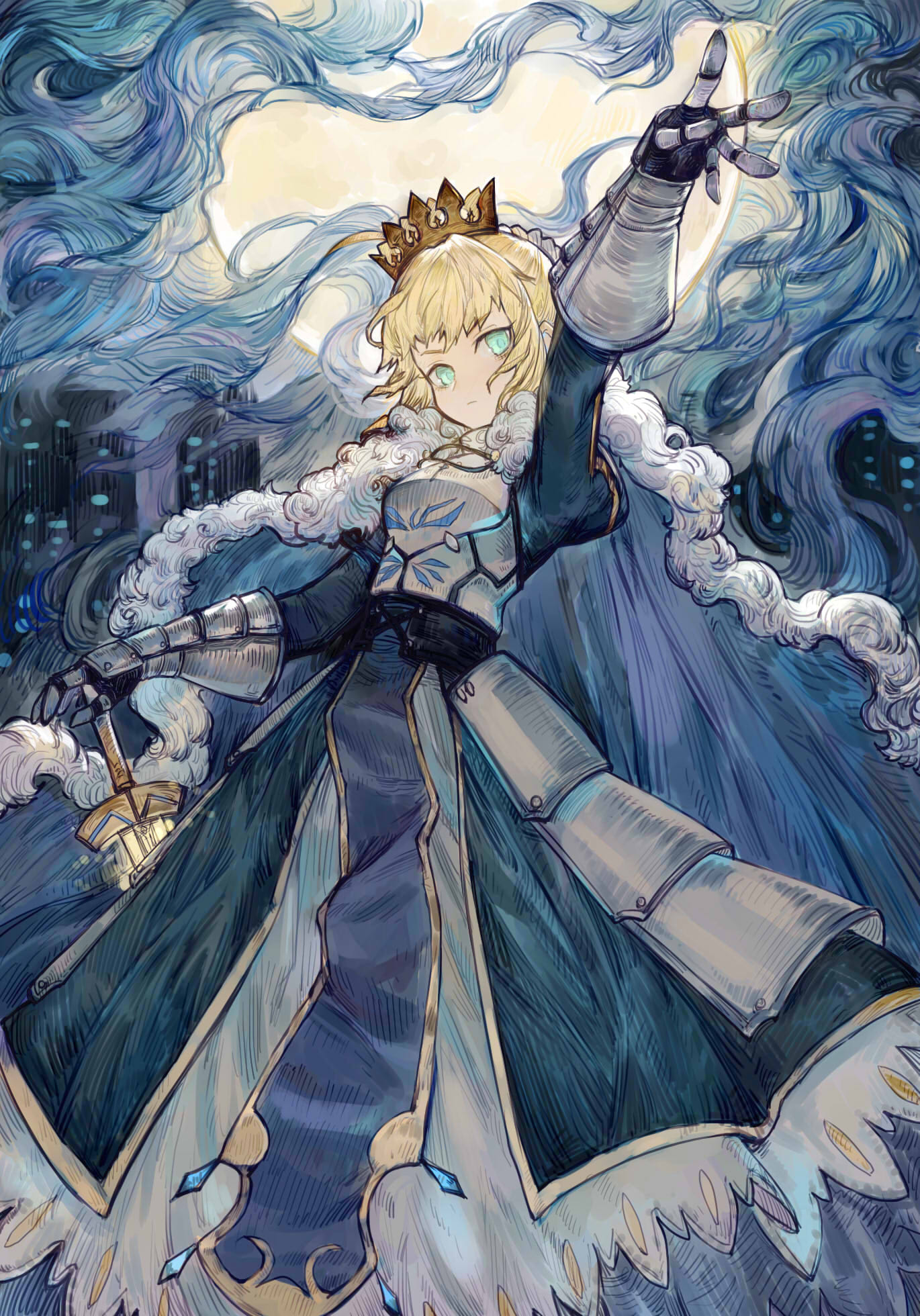 1girl ahoge arm_up armor armored_dress blonde_hair blue_cape blue_dress braid breastplate cape closed_mouth corset crown dress excalibur fate/grand_order fate/stay_night fate_(series) faulds full_moon fur-trimmed_cape fur_trim gauntlets green_eyes hair_bun hand_on_hilt highres juliet_sleeves long_sleeves looking_at_viewer moon outstretched_hand puffy_sleeves rosette_(yankaixuan) saber short_hair solo sword weapon