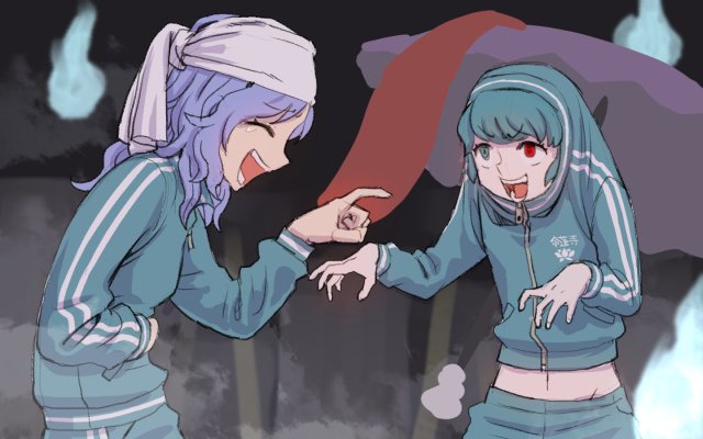 2girls :d ^_^ bandanna blue_clothes blue_eyes blue_hair closed_eyes commentary_request eyebrows_visible_through_hair hand_on_own_stomach heterochromia hitodama karakasa_obake kumoi_ichirin laughing long_sleeves meitei midriff multiple_girls open_mouth outstretched_arms pointing red_eyes smile tatara_kogasa tongue touhou track_suit umbrella upper_body zipper zipper_pull_tab zombie_pose