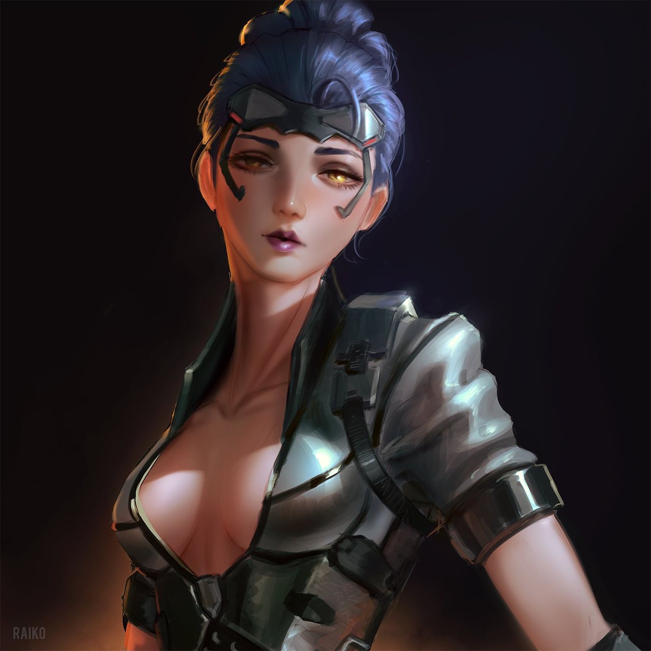 1girl alternate_costume breasts cleavage dark_background goggles goggles_on_head highres long_hair looking_at_viewer medium_breasts overwatch parted_lips ponytail purple_hair raikoart solo talon_widowmaker upper_body widowmaker_(overwatch) yellow_eyes