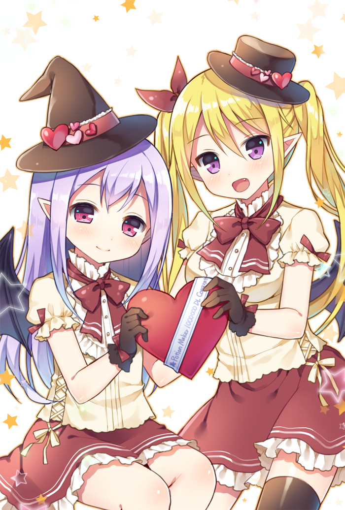 2girls black_gloves black_hat black_legwear blonde_hair blush bow eyebrows_visible_through_hair fang gift gloves hair_bow hat heart long_hair looking_at_viewer mauve multiple_girls open_mouth pantyhose pio_(potion_maker) pointy_ears potion_maker purple_hair red_bow red_eyes red_skirt skirt smile thigh-highs tia_(potion_maker) twintails violet_eyes wings witch_hat