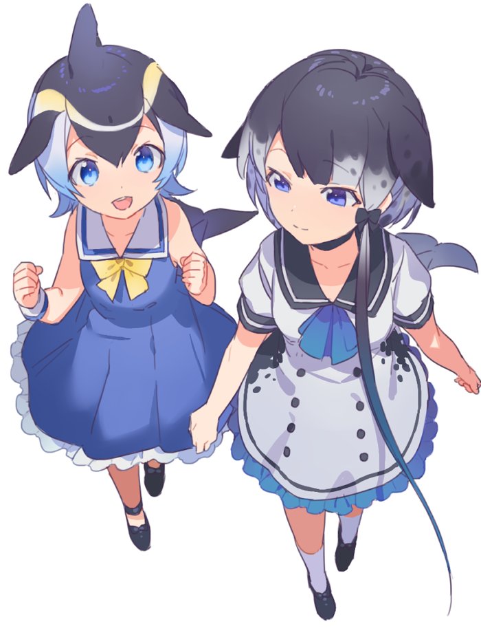 2girls :d arms_at_sides black_footwear black_hair black_shoes blonde_hair blue_dress blue_eyes blue_hair blue_ribbon clenched_hands collar collarbone collared_dress common_dolphin_(kemono_friends) dolphin_tail dot_nose dress eyebrows_visible_through_hair fins frilled_dress frills from_above full_body grey_hair hair_between_eyes hair_ornament heiwa_(murasiho) kemono_friends kneehighs long_hair looking_at_another looking_to_the_side low_ponytail multicolored_hair multiple_girls narwhal_(kemono_friends) narwhal_tail neck_ribbon open_mouth puffy_short_sleeves puffy_sleeves ribbon sailor_collar sailor_dress shoes short_hair short_sleeves side_ponytail simple_background sleeve_cuffs sleeveless sleeveless_dress smile socks spotted_hair tail tareme teeth tsurime upper_teeth very_long_hair walking white_background white_dress yellow_ribbon