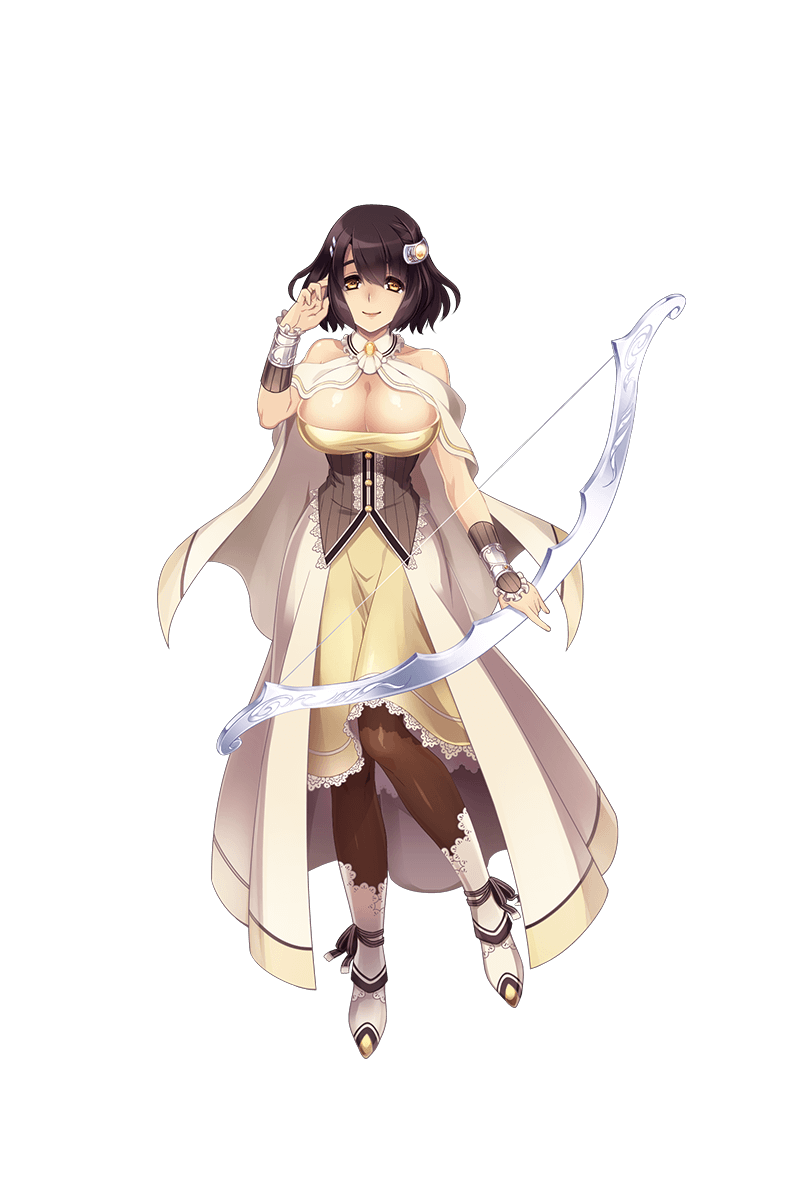 1girl adjusting_hair bow_(weapon) bracer breasts brown_eyes brown_hair brown_legwear cape cleavage dress full_body hair_ornament hairclip highres hitsuji_chronicle holding_bow_(weapon) large_breasts looking_at_viewer official_art pantyhose smile solo standing weapon white_cape yellow_dress