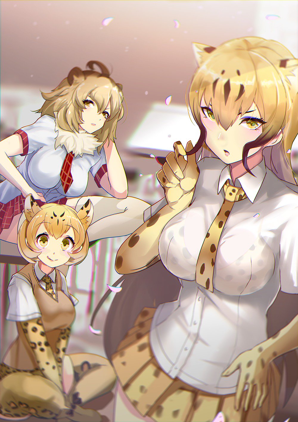 3girls adjusting_hair animal_ears animal_print blonde_hair cheetah_(kemono_friends) dress_shirt fur_collar highres kemono_friends leopard_(kemono_friends) leopard_ears leopard_print lion_(kemono_friends) lion_ears mane multicolored_hair multiple_girls necktie sakuhiko school_uniform see-through shirt short_hair short_sleeves sitting skirt sweater_vest thigh-highs