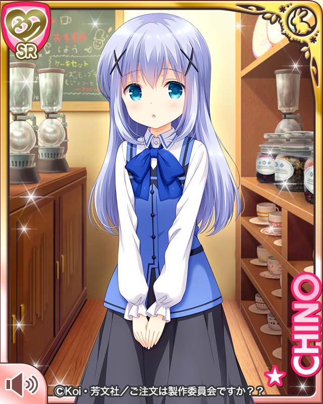 1girl blue_eyes blue_hair card character_name cup girlfriend_(kari) gochuumon_wa_usagi_desu_ka? hair_ornament hairclip jpeg_artifacts kafuu_chino long_hair looking_at_viewer official_art open_mouth qp:flapper rabbit_house_uniform solo