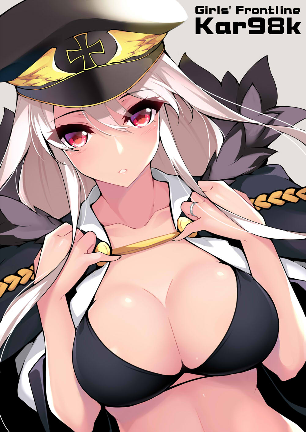1girl bikini bikini_top black_bikini bolt_action breasts commentary_request dean girls_frontline hat highres iron_cross kar98k_(girls_frontline) large_breasts long_hair looking_at_viewer mauser_98 midriff parted_lips peaked_cap red_eyes swimsuit upper_body very_long_hair weapon white_hair