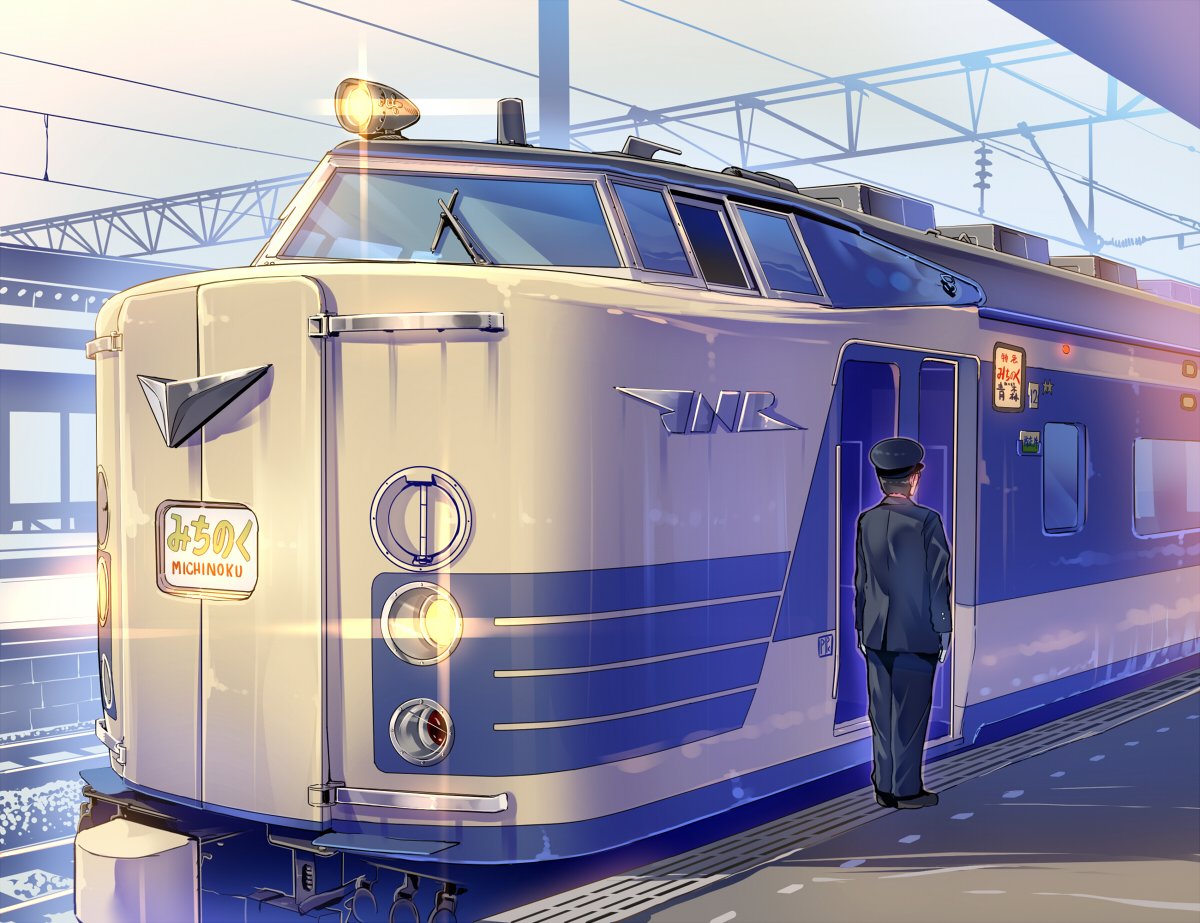 1boy arms_at_sides black_hair black_hat black_jacket black_pants brown_shoes daito day full_body gloves ground_vehicle hat headlight jacket long_sleeves male_focus original outdoors pants power_lines railroad_tracks shiny shoes sign standing train train_conductor train_station uniform white_gloves