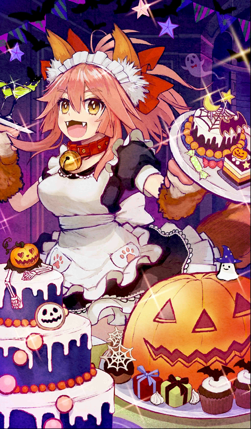 1girl alternate_costume animal_ears apron bell bell_collar breasts collar enmaided fangs fate/grand_order fate_(series) food fox_ears fox_tail ghost hair_ribbon large_breasts long_hair looking_at_viewer maid maid_apron maid_headdress official_art open_mouth paws pink_hair pumpkin ribbon solo tail tamamo_(fate)_(all) tamamo_cat_(fate) yellow_eyes