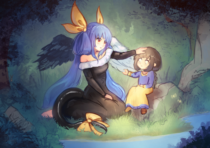 2girls asymmetrical_wings barefoot blue_hair bow brown_hair commentary cubehero dizzy dress guilty_gear hair_bow hand_on_another's_head josephine_(guilty_gear) long_hair multiple_girls red_eyes river sitting tail tail_bow tree white_eyes wing_grab wings