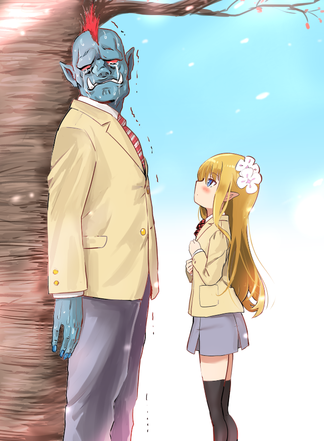 1boy 1girl against_tree black_legwear blonde_hair blue_eyes blue_nails blue_skin blue_sky blush buttons commentary crying crying_with_eyes_open day elf fangs flower hair_flower hair_ornament height_difference long_hair long_sleeves looking_away looking_up mohawk mushi_gyouza nail_polish necktie orc original pants petals pointy_ears red_eyes redhead revision school_uniform sky striped striped_necktie sweat tears thigh-highs tree trembling zettai_ryouiki