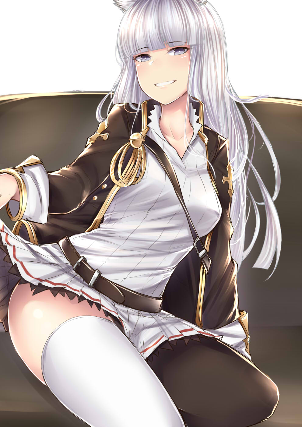 1girl animal_ears arm_support bangs belt black_jacket black_legwear blunt_bangs blush breasts collarbone dress dress_lift erun_(granblue_fantasy) granblue_fantasy greenopi grey_eyes highres jacket korwa lifted_by_self long_hair long_sleeves looking_at_viewer medium_breasts mismatched_legwear open_clothes open_jacket parted_lips ribbed_dress short_dress silver_hair sitting smile solo thigh-highs white_legwear