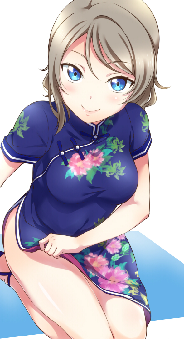 1girl blue_dress blue_eyes china_dress chinese_clothes dress dress_lift floral_print grey_hair looking_at_viewer love_live! love_live!_sunshine!! seiza short_hair side_slit sitting smile solo surfing_orange watanabe_you