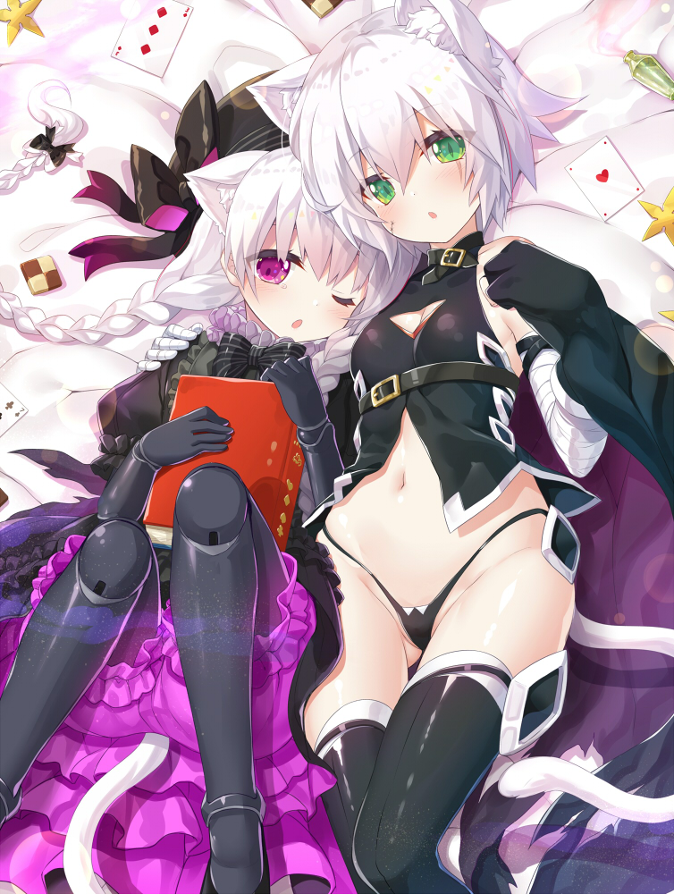 2girls :o ;o animal_ears assassin_of_black bandaged_arm beret black_legwear black_panties bloomers blush book bow braid card cat_ears cat_tail checkerboard_cookie cleavage_cutout commentary_request cookie doll_joints fate/apocrypha fate/extra fate_(series) food gluteal_fold green_eyes hat hat_bow long_hair multiple_girls navel nursery_rhyme_(fate/extra) one_eye_closed panties scar scar_across_eye short_hair tail thigh-highs thong underwear violet_eyes white_hair yano_mitsuki