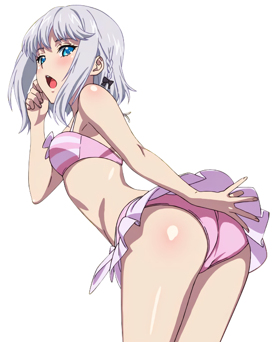 1girl ass bikini bikini_skirt black_bow blue_eyes bow from_below hair_bow kanase_kanon leaning looking_at_viewer looking_back open_mouth pink_bikini pleated_skirt shiny shiny_skin short_hair_with_long_locks sidelocks silver_hair skirt solo standing strike_the_blood striped_bikini_top swimsuit transparent_background