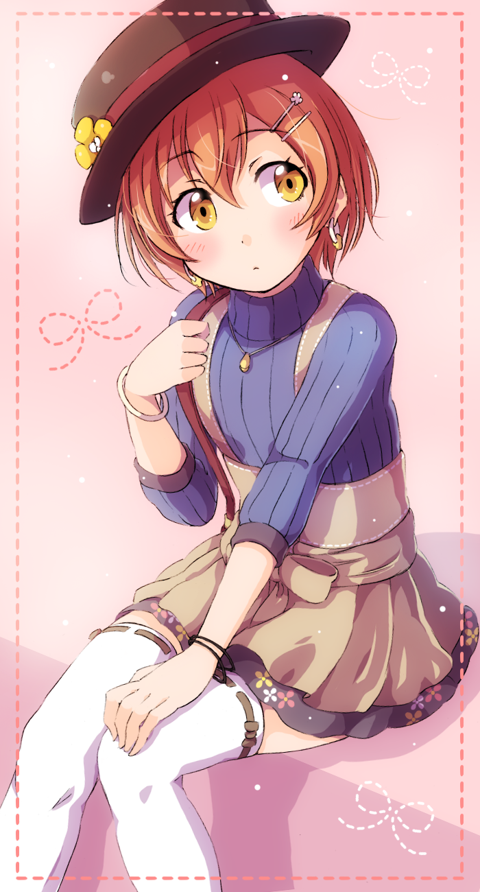 1girl border bracelet commentary_request earrings flower hair_between_eyes hair_ornament hairpin hand_on_own_knee hat hat_flower high-waist_skirt highres holding_strap hoshizora_rin jewelry knees_together love_live! love_live!_school_idol_project necklace orange_hair ribbon-trimmed_legwear ribbon_trim sen_(sen0910) short_hair sitting skirt solo suspender_skirt suspenders sweater thigh-highs white_legwear yellow_eyes