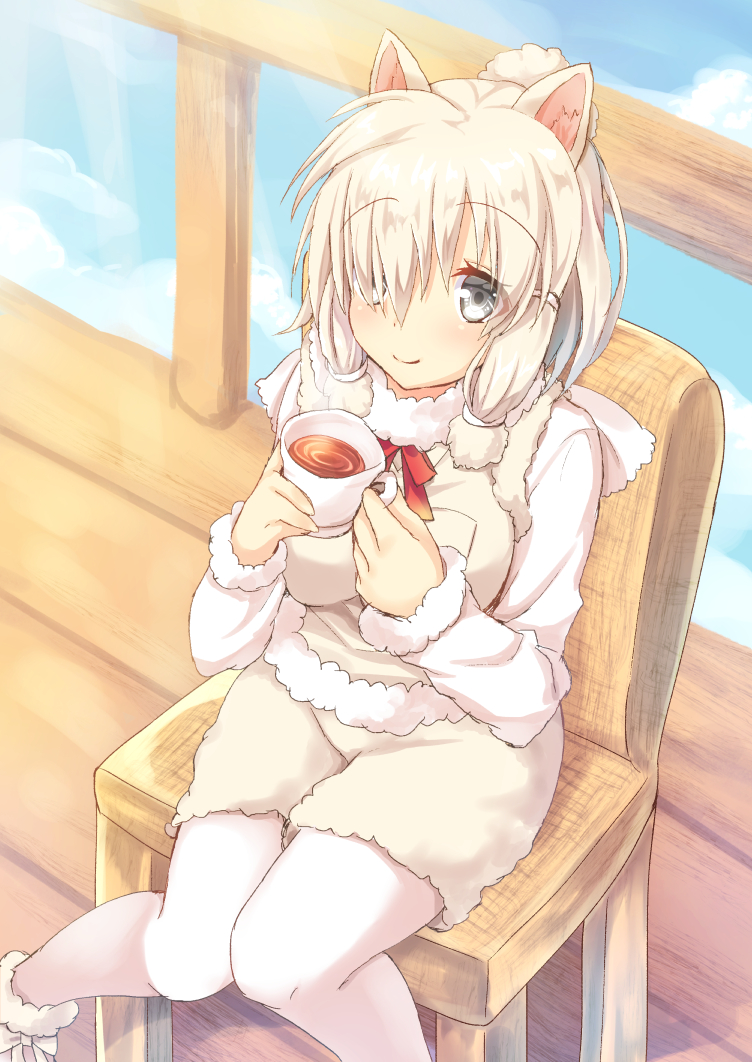 1girl alpaca_ears alpaca_suri_(kemono_friends) animal_ears ankle_boots beige_boots beige_vest blonde_hair blue_eyes blue_sky blush boots breast_pocket breasts chair clouds cloudy_sky commentary cup day dot_nose eyebrows_visible_through_hair eyelashes fur-trimmed_boots fur-trimmed_sleeves fur_collar fur_trim hair_bun hair_over_one_eye hair_ribbon holding holding_cup kemono_friends knees_together_feet_apart large_breasts long_sleeves looking_at_viewer looking_up nagare_yoshimi neck_ribbon pantyhose pantyhose_under_shorts pocket ribbon shirt shoe_ribbon short_hair shorts sitting sky smile solo tail tareme tea teacup tress_ribbon vest white_legwear white_ribbon wooden_floor
