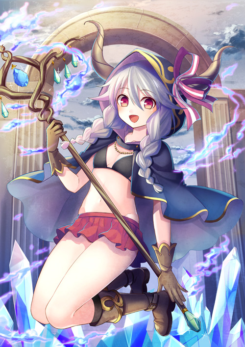 1girl :d black_bra blue_cape boots bra braid brown_boots brown_gloves cape crystal gloves groin hood horns looking_at_viewer midriff million_arthur_(series) navel open_mouth purple_hair red_eyes red_skirt skirt smile solo staff sunsnny twin_braids underwear