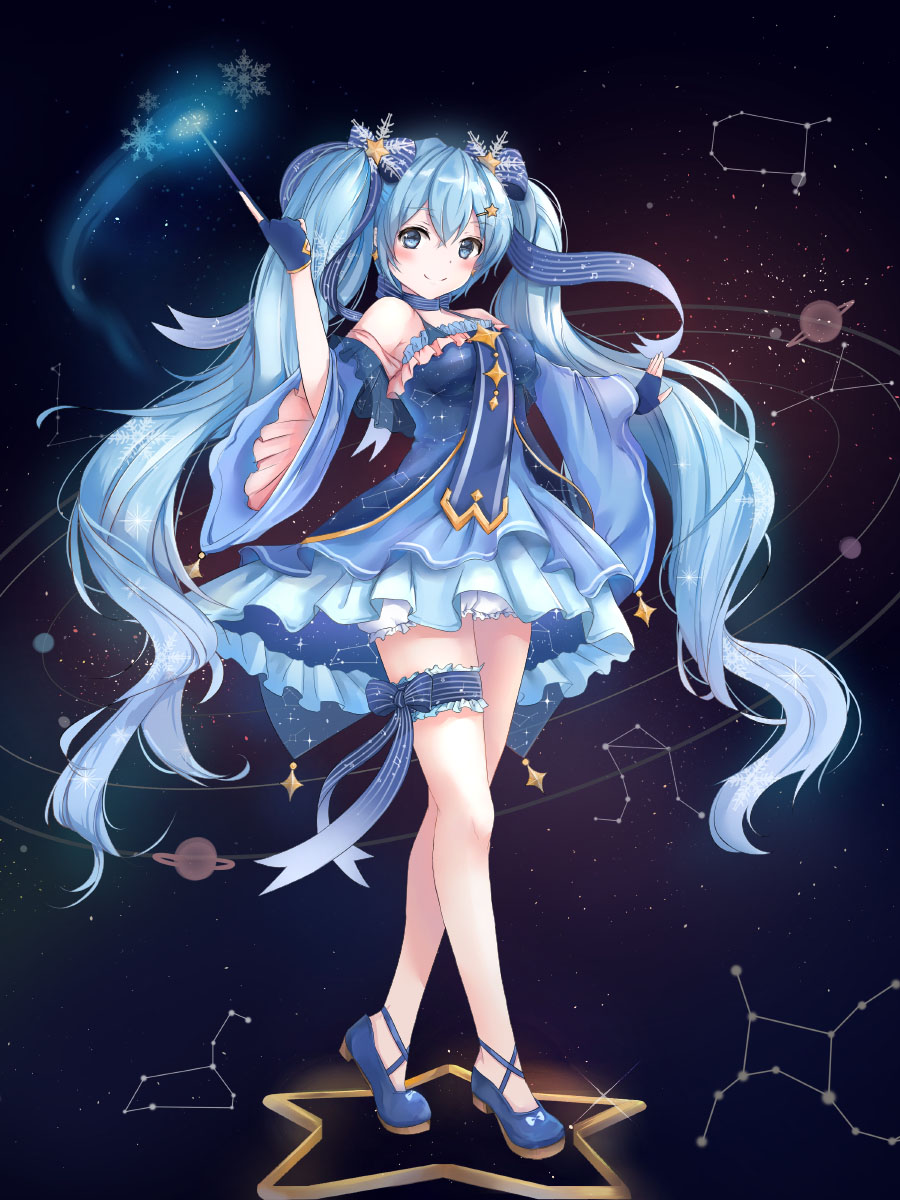 1girl constellation detached_sleeves dress fingerless_gloves full_body gloves hatsune_miku highres long_hair looking_at_viewer munape outstretched_arm smile solo star twintails very_long_hair vocaloid wand yuki_miku