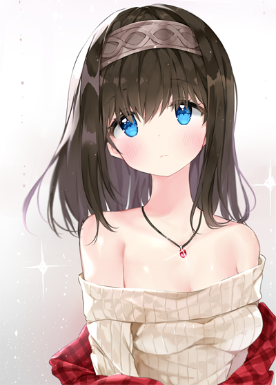 1girl bangs bare_shoulders blue_eyes blush breasts brown_hair cleavage closed_mouth commentary_request eyebrows_visible_through_hair hairband idolmaster idolmaster_cinderella_girls jewelry lib looking_at_viewer medium_breasts necklace off_shoulder ribbed_sweater sagisawa_fumika shawl solo sparkle sweater tareme upper_body