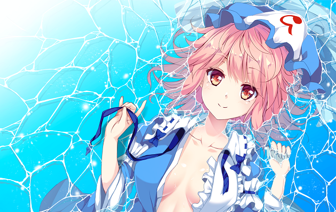 1girl bangs blush breasts center_opening closed_mouth collarbone dress frilled_dress frills hat long_sleeves lying lying_on_water medium_breasts merukiarisu mob_cap ocean on_back open_clothes open_dress partially_submerged pink_hair red_eyes saigyouji_yuyuko smile solo touhou triangular_headpiece wide_sleeves