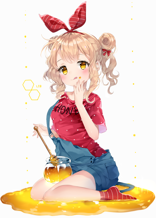 1girl :q bangs blonde_hair blush bow closed_mouth clothes_writing commentary double_bun english full_body hair_bow hand_up hexagon honey honey_dipper honeypot lib original overalls red_legwear red_shirt shirt short_sleeves sitting socks solo striped striped_bow striped_legwear tongue tongue_out wariza wavy_hair yellow_eyes