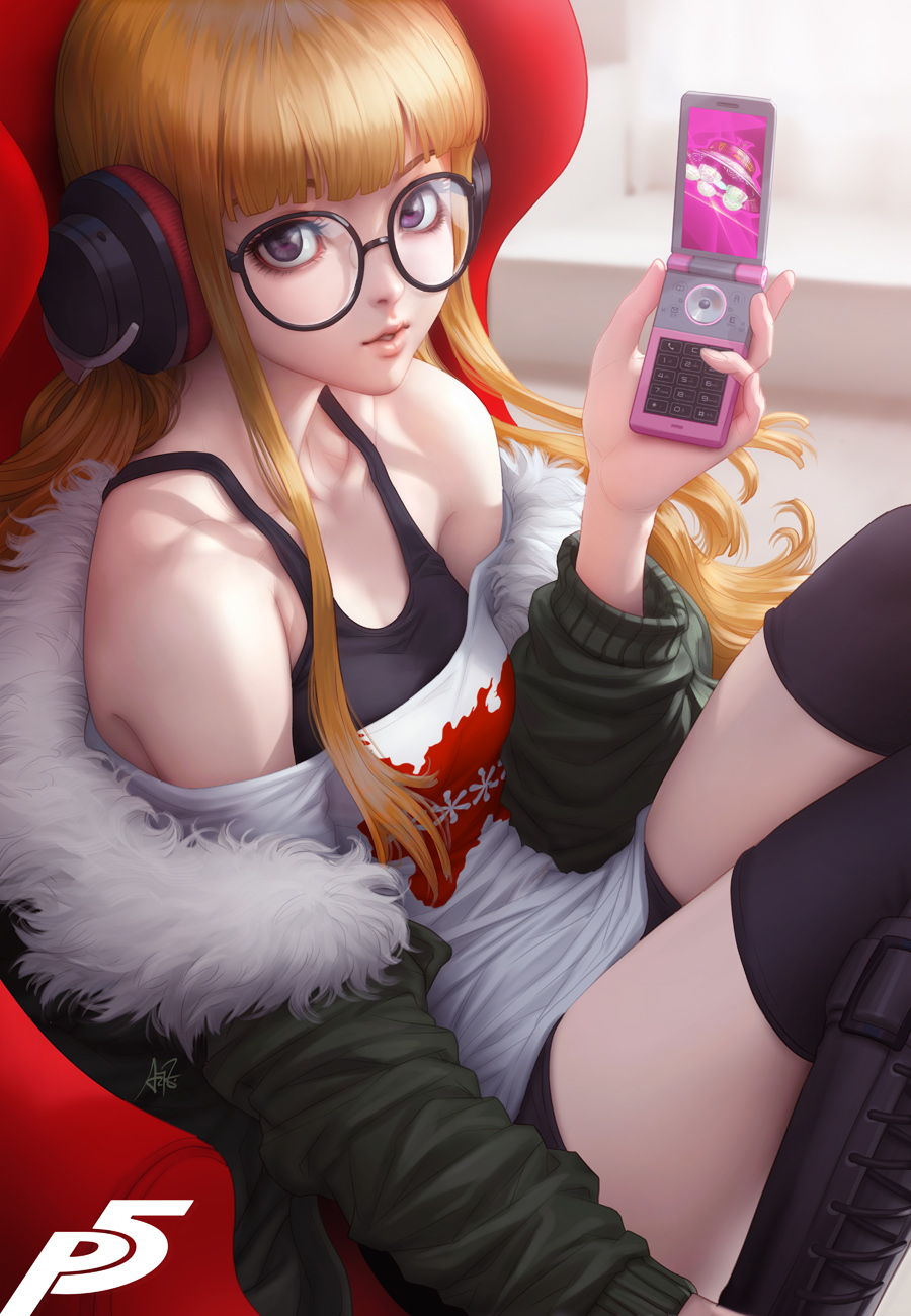 1girl cellphone flip_phone fur_trim headphones highres jacket logo necronomicon_(persona_5) off_shoulder orange_hair parted_lips persona persona_5 phone sakura_futaba short_shorts shorts sitting solo stanley_lau thigh-highs