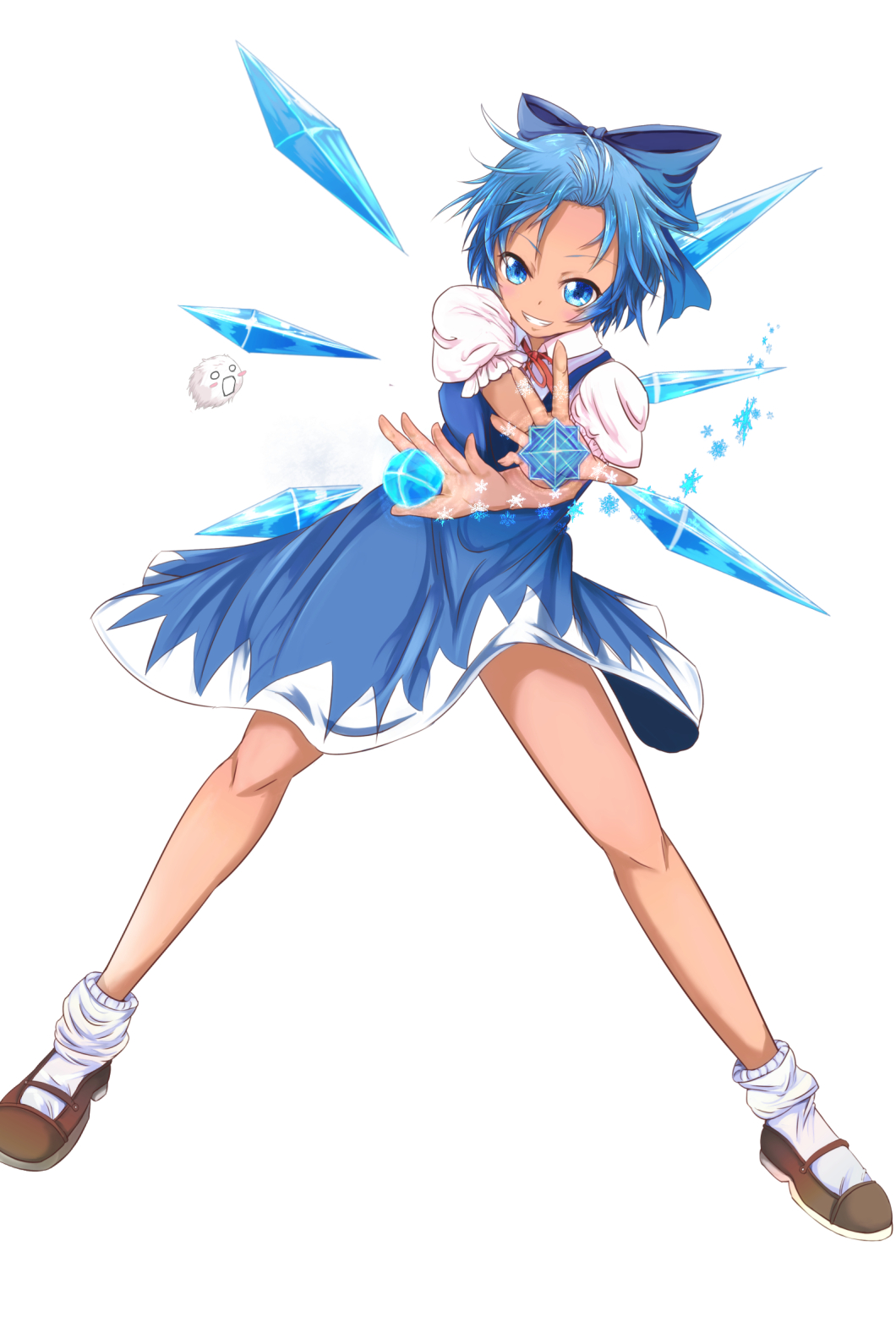 1girl blue_bow blue_dress blue_eyes blue_hair blush bobby_socks bow cirno dress flying foreshortening full_body grin hair_bow hair_slicked_back highres himura_1129 ice ice_wings incoming_attack kedama looking_at_viewer mary_janes puffy_short_sleeves puffy_sleeves river shoes short_hair short_sleeves smile snow socks tan touhou tree white_legwear wings